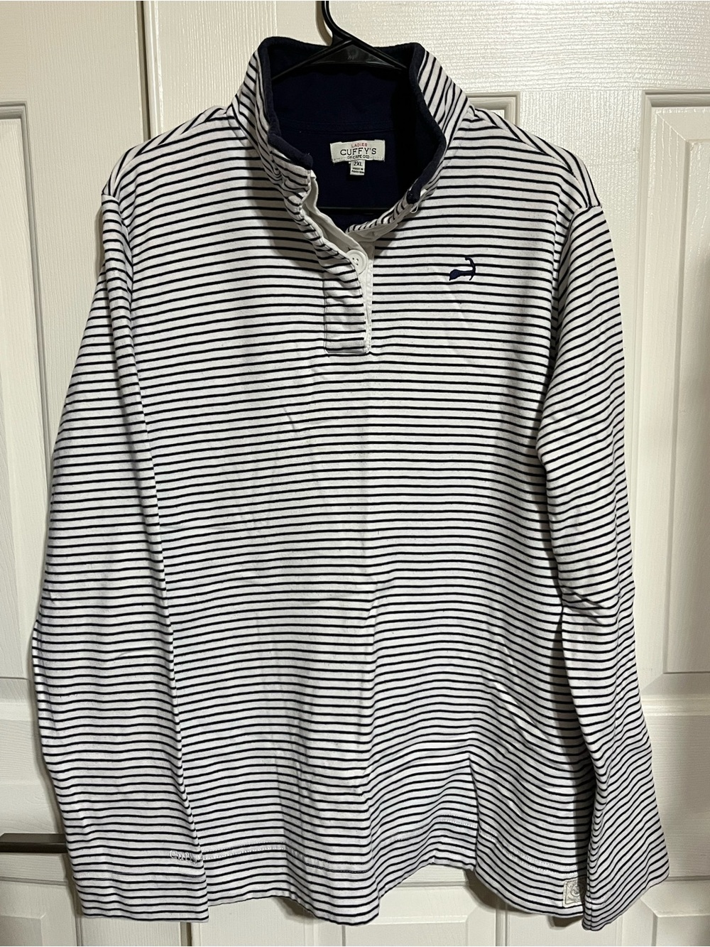 Women’s Striped Quarter-Zip Pullover Hoodie in Navy & White
